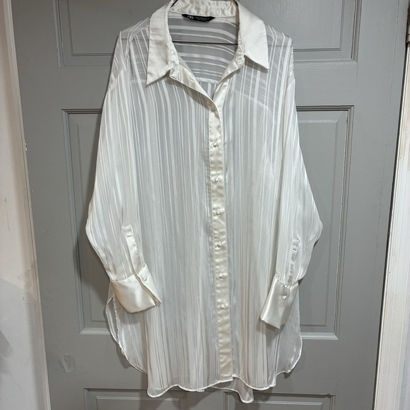 Zara Women Blouse XXL White Sheer Satin Trim Button Down Lightweight Oversized - Picture 2 of 16